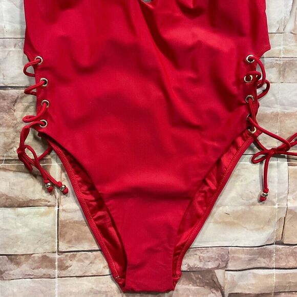 City Chic Womens Swimsuit siz 18 new nwt Lace Up One Piece Red Cherry High Leg - Picture 6 of 12